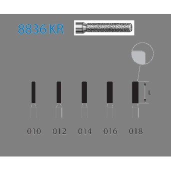 8836KR.314.012  KOMET FRESA DIAMANTE CILINDRICA BORDE REDONDEADO TURBINA ø 012 GRANO FINO 5 ud.
