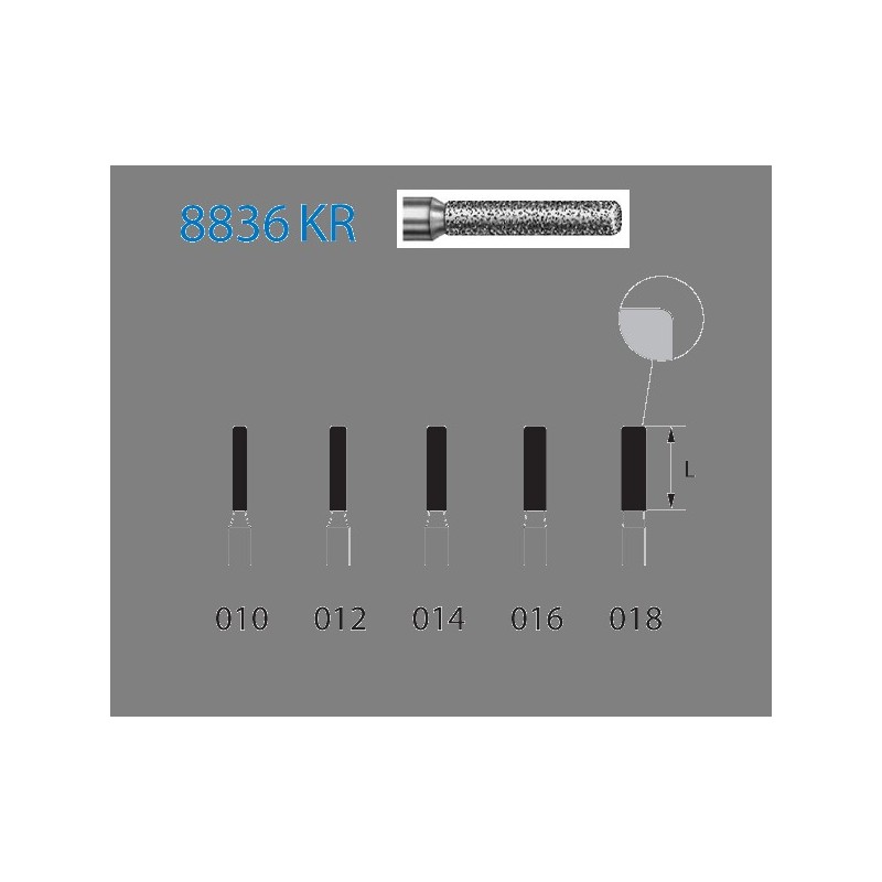 8836KR.314.014  KOMET FRESA DIAMANTE CILINDRICA BORDE REDONDEADO TURBINA ø 014 GRANO FINO 5 ud.