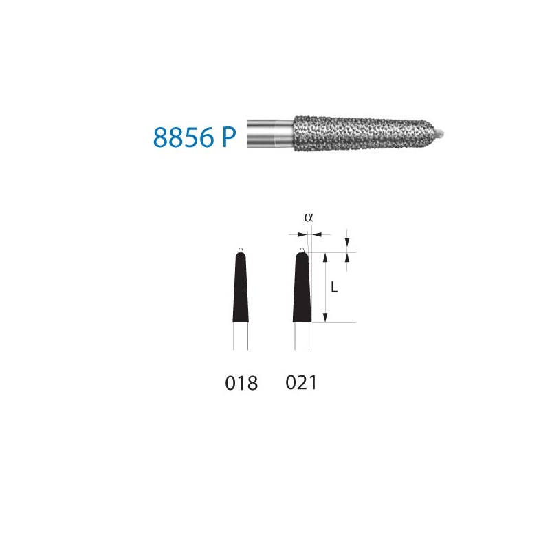 8856P.314.021  KOMET FRESA DIAMANTE CONICA REDONDEADA PUNTA GUÍA TURBINA ø 021 GRANO FINO 5 ud.