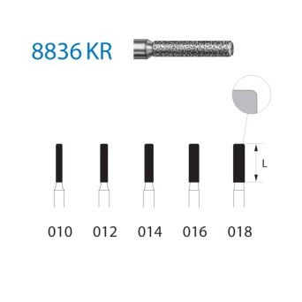 8836KR.314.018  KOMET FRESA DIAMANTE CILINDRICA BORDE REDONDEADO TURBINA ø 018 GRANO FINO 5 ud.