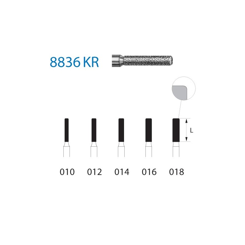 8836KR.314.018  KOMET FRESA DIAMANTE CILINDRICA BORDE REDONDEADO TURBINA ø 018 GRANO FINO 5 ud.