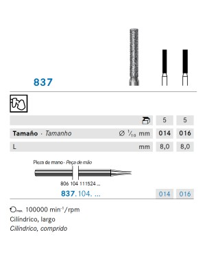 837.104.014 KOMET FRESA DIAMANTE CILINDRICA PIEZA DE MANO ø 014 - 5uds