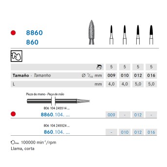 860.104.010 KOMET FRESA DIAMANTE LLAMA PIEZA DE MANO ø 010 - 5uds