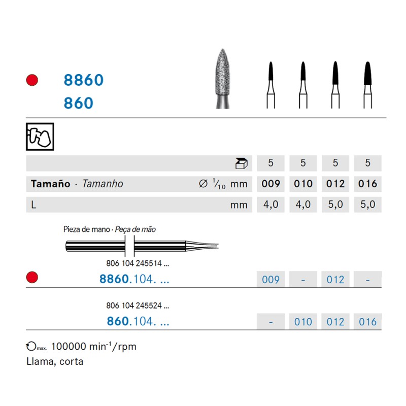 860.104.010 KOMET FRESA DIAMANTE LLAMA PIEZA DE MANO ø 010 - 5uds