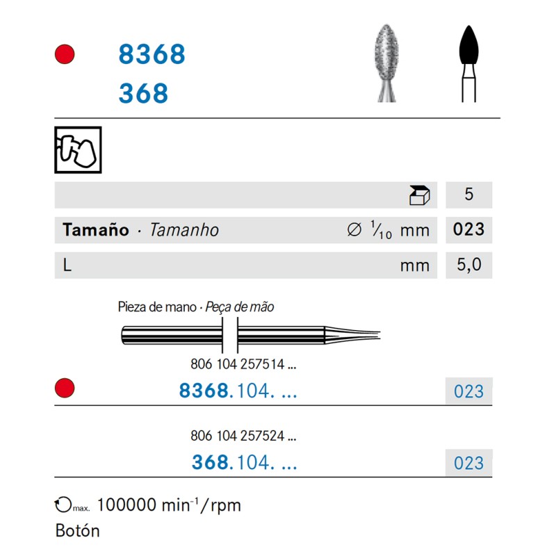 8368.104.023 KOMET FRESA DIAMANTE BELLOTA PIEZA DE MANO ø 023 - 5uds