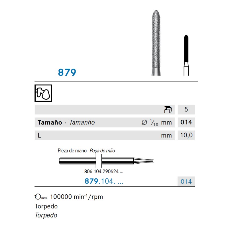 879.104.014 KOMET FRESA DIAMANTE TORPEDO PIEZA DE MANO ø 014 - 5uds
