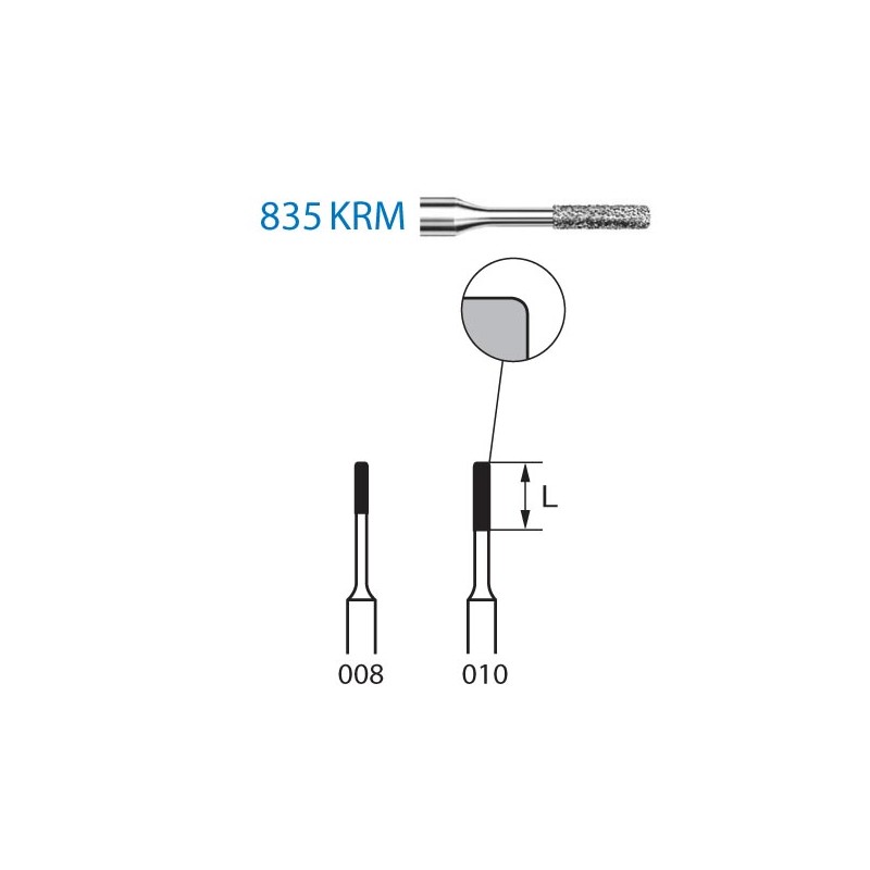 835KRM.314.010  KOMET FRESA DIAMANTE CILINDRICA BORDE REDONDEADO TURBINA ø 010 GRANO ESTANDAR 5 ud.