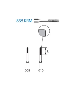 835KRM.314.010  KOMET FRESA DIAMANTE CILINDRICA BORDE REDONDEADO TURBINA ø 010 GRANO ESTANDAR 5 ud.