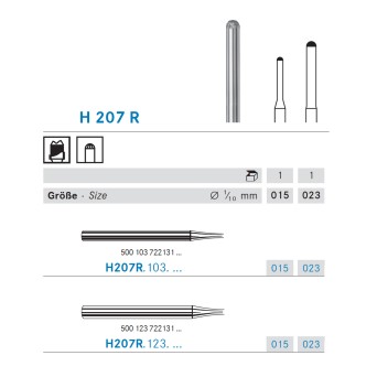 H207R.103.023 KOMET FRESA C. TUNGSTENO PUNTA REDONDA PIEZA DE MANO CORTO ø 023 - 1uds