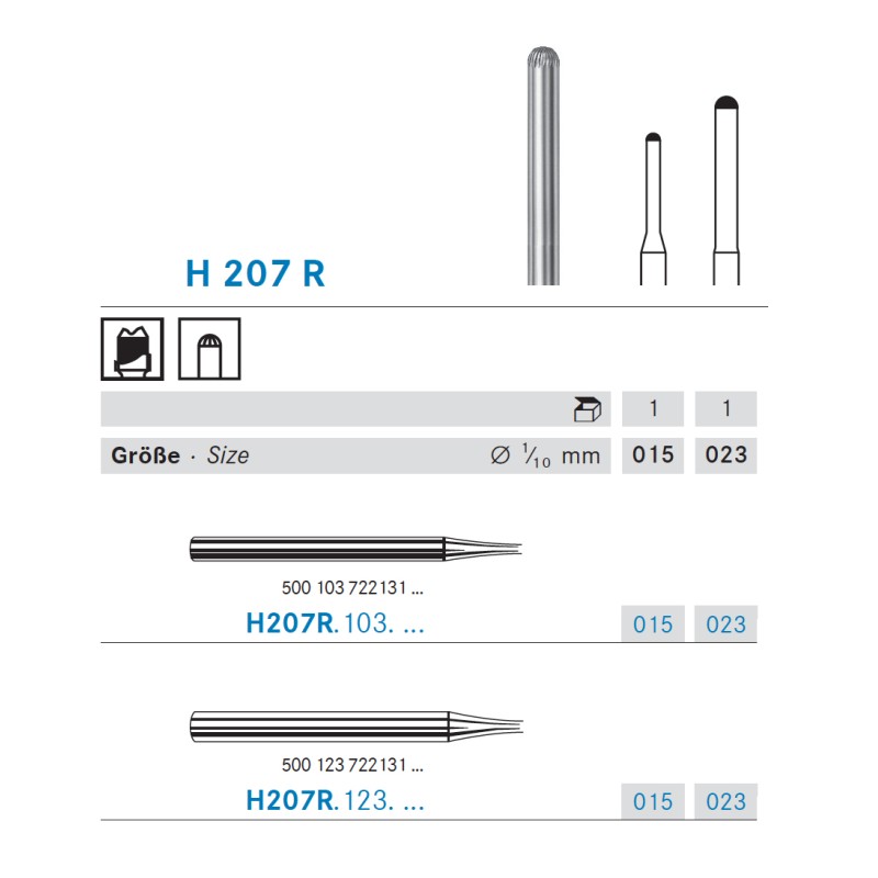 H207R.103.023 KOMET FRESA C. TUNGSTENO PUNTA REDONDA PIEZA DE MANO CORTO ø 023 - 1uds