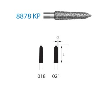 8878KP.314.018  KOMET FRESA DIAMANTE TORPEDO CONICO PUNTA GUIA TURBINA ø 018 GRANO FINO 5 ud.