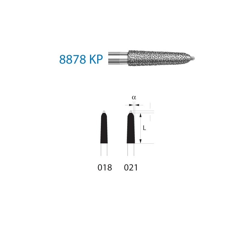8878KP.314.018  KOMET FRESA DIAMANTE TORPEDO CONICO PUNTA GUIA TURBINA ø 018 GRANO FINO 5 ud.