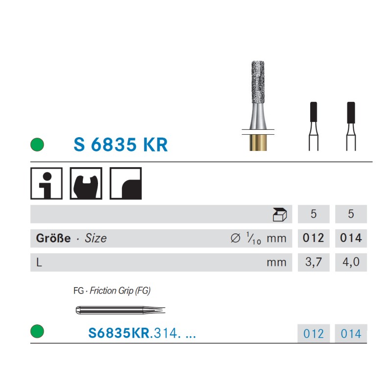 S6835KR.314.012  KOMET FRESA DIAMANTE CILINDRICA BORDE REDONDEADO TURBINA ø 012 GRANO GRUESO S 5 ud.