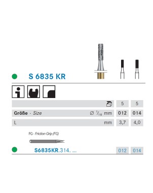 S6835KR.314.012  KOMET FRESA DIAMANTE CILINDRICA BORDE REDONDEADO TURBINA ø 012 GRANO GRUESO S 5 ud.