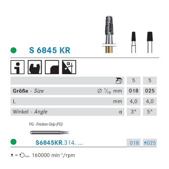 S6845KR.314.025  KOMET FRESA DIAMANTE CONICA BORDE REDONDEADO TURBINA ø 025 GRANO GRUESO S 5 ud.