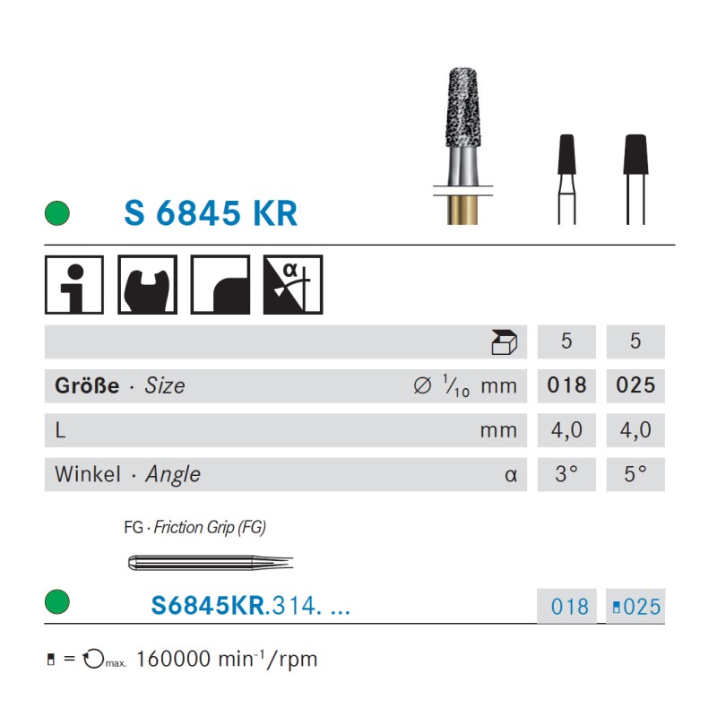 S6845KR.314.025  KOMET FRESA DIAMANTE CONICA BORDE REDONDEADO TURBINA ø 025 GRANO GRUESO S 5 ud.