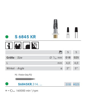 S6845KR.314.025  KOMET FRESA DIAMANTE CONICA BORDE REDONDEADO TURBINA ø 025 GRANO GRUESO S 5 ud.