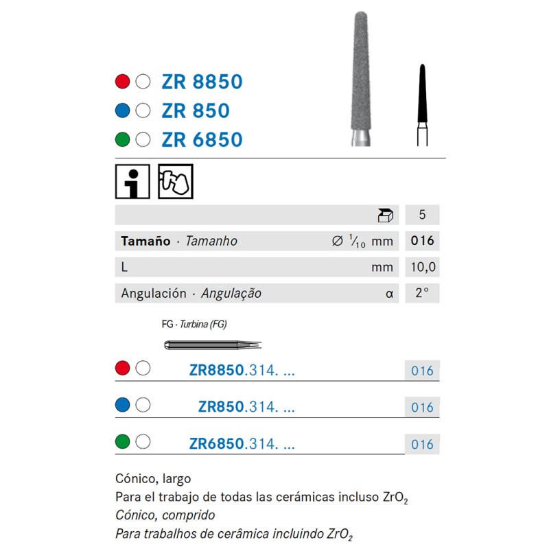 ZR850.314.016 KOMET FRESA DIAMANTE CONICA REDONDEADA TURBINA ø 016 - 5uds