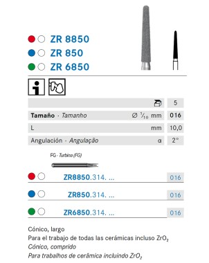 ZR850.314.016 KOMET FRESA DIAMANTE CONICA REDONDEADA TURBINA ø 016 - 5uds