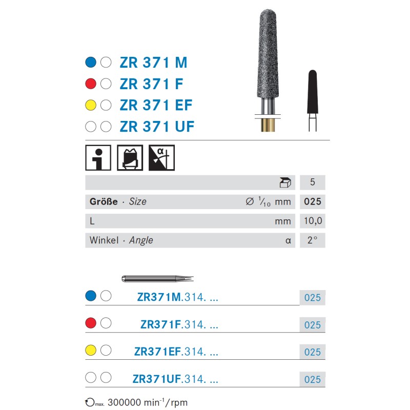 ZR371M.314.025 KOMET FRESA DIAMANTE CONICA REDONDEADA TURBINA ø 025 - 5uds