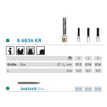 S6836KR.314.012  KOMET FRESA DIAMANTE CILINDRICA BORDE REDONDEADO TURBINA ø 012 GRANO GRUESO S 5 ud.
