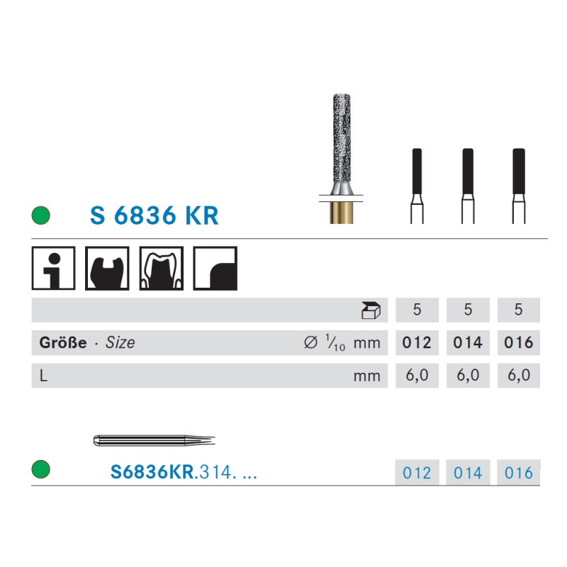 S6836KR.314.012  KOMET FRESA DIAMANTE CILINDRICA BORDE REDONDEADO TURBINA ø 012 GRANO GRUESO S 5 ud.