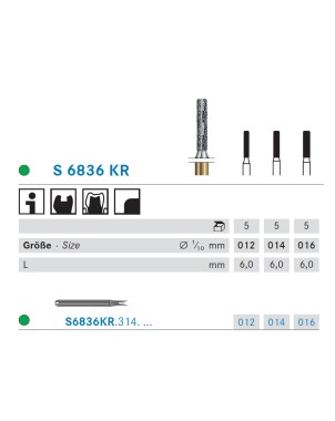 S6836KR.314.012  KOMET FRESA DIAMANTE CILINDRICA BORDE REDONDEADO TURBINA ø 012 GRANO GRUESO S 5 ud.