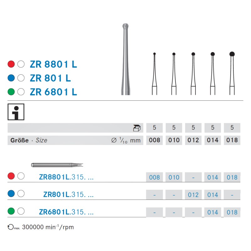 ZR6801L.315.018 KOMET FRESA DIAMANTE REDONDA TURBINA LARGO ø 018 - 5uds