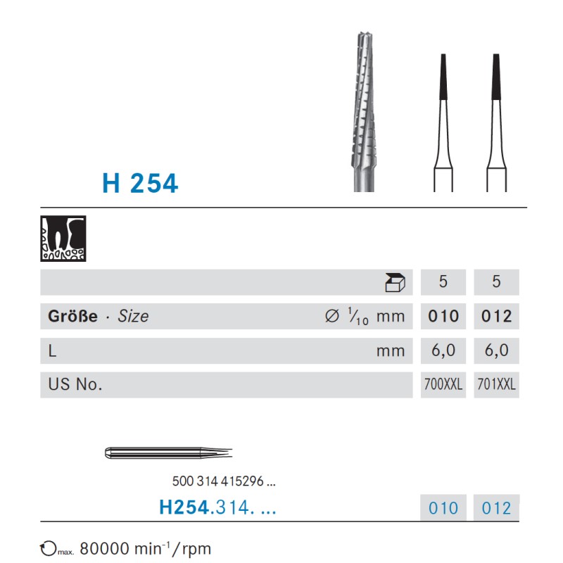 H254.316.010  KOMET FRESA C. TUNGSTENO CONICA TURBINA XLARGO ø 010  5 ud.